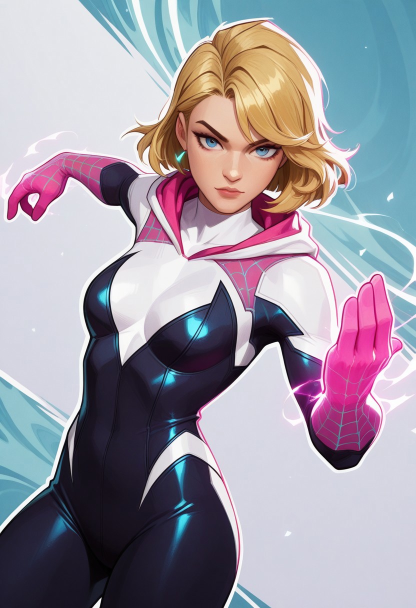highres, hi res, best quality, masterpiece, intricate details, absurdres, 4k,, semi realistic, cartoon,
1girl, gwen stacy, blonde hair, blue eyes, bodysuit,, energy around, aura,, looking at viewer, dynamic pose, fighting stance, cowboy shot, multicolored background, dutch angle, 
, MarvelRivals, <lora:AMarvelRivals_style-06:1>