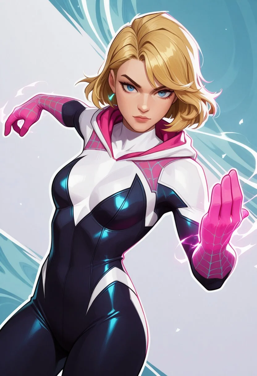 highres, hi res, best quality, masterpiece, intricate details, absurdres, 4k,, semi realistic, cartoon,
1girl, gwen stacy, blonde hair, blue eyes, bodysuit,, energy around, aura,, looking at viewer, dynamic pose, fighting stance, cowboy shot, multicolored background, dutch angle,
, MarvelRivals, <lora:AMarvelRivals_style-06:1>