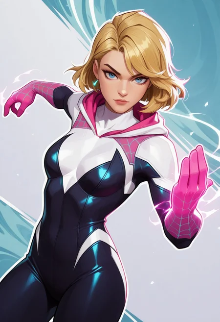 highres, hi res, best quality, masterpiece, intricate details, absurdres, 4k,, semi realistic, cartoon,
1girl, gwen stacy, blonde hair, blue eyes, bodysuit,, energy around, aura,, looking at viewer, dynamic pose, fighting stance, cowboy shot, multicolored background, dutch angle,
, MarvelRivals, <lora:AMarvelRivals_style-06:1>