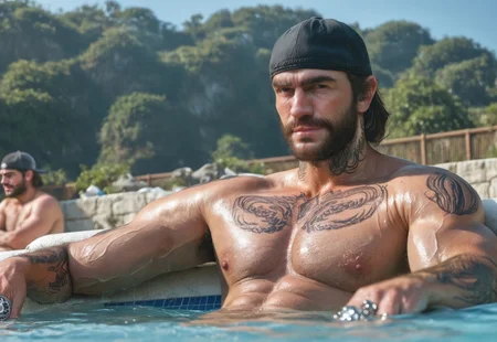 safe_pos, score_9, score_8_up, score_7_up, realistic, 1boy, male focus, buzzcut, black mustache, detailed face, realistic eyes, arched eyebrow+, mischievous
Pubic hair, muscular, beefy bodybuilder, massive pecs, large pecs, topless, alpha, tan skin, bodybuilder. oiled skin. at a swimming pool, crowded with men. gay naked pool party. relaxed, horny.
He has veiny penis, big penis, erection. Uncut penis, uncut dick. Precum. Cocky smile+, friendly eyes.
sexy face. massive silver+ Cock ring+.
defined body, toned body. massive muscles, mustache, body hair+, homoerotic.
bodybuildingsex, bodybuilding, massive pectoral, beefy muscle, thick legs, large pectoral, xlbodybuilder, facial hair, hat, beard, tattoo, backwards hat, baseball cap, ring, jewelry