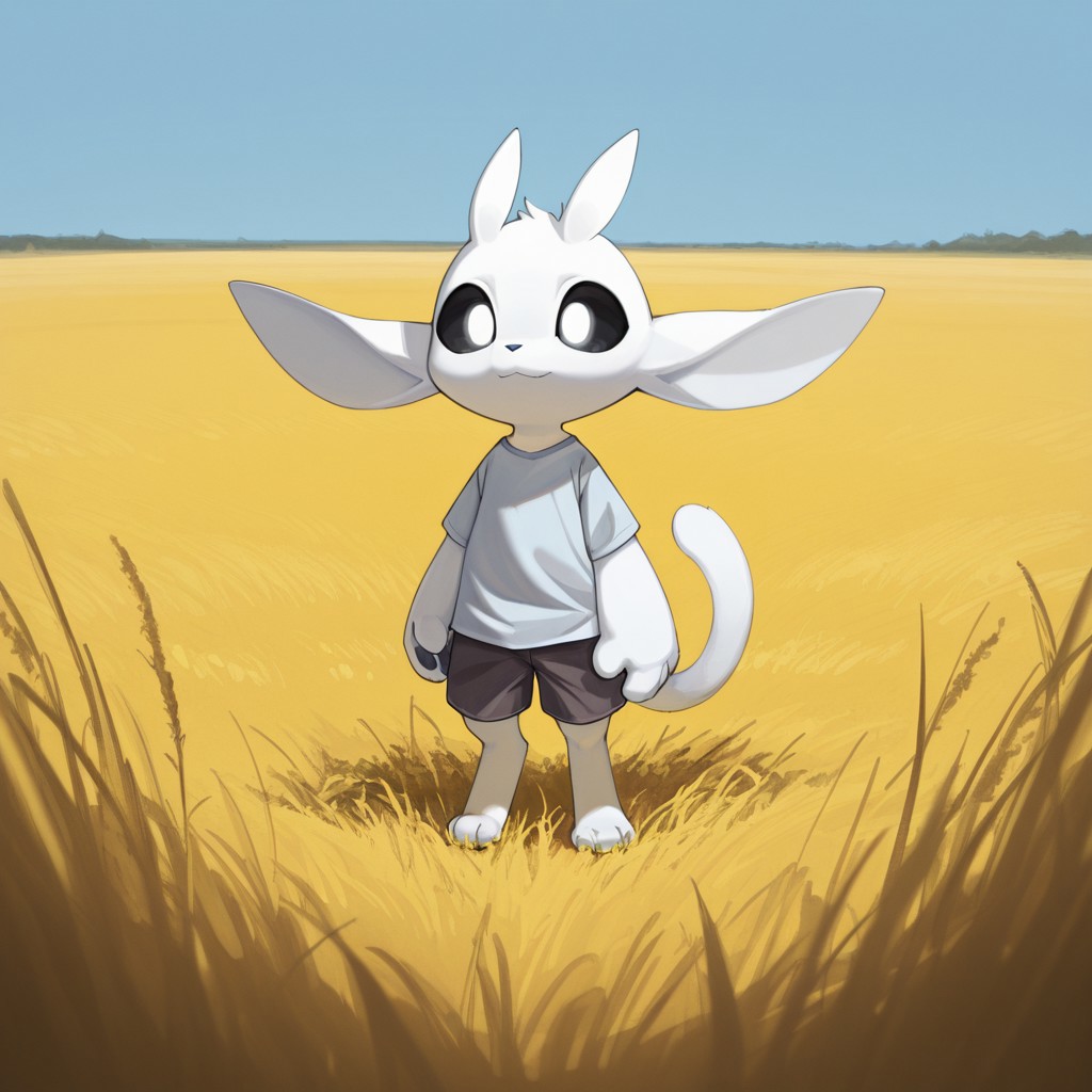 masterpiece, best quality, 1boy, furry, furry male, cute, solo, shirt, shorts, standing, full body, close mouth, field, blue sky, wide shot, happy, ori_il, anthro, ori, tail, black sclera, white eyes, animal hands, paws, chibi, close view
