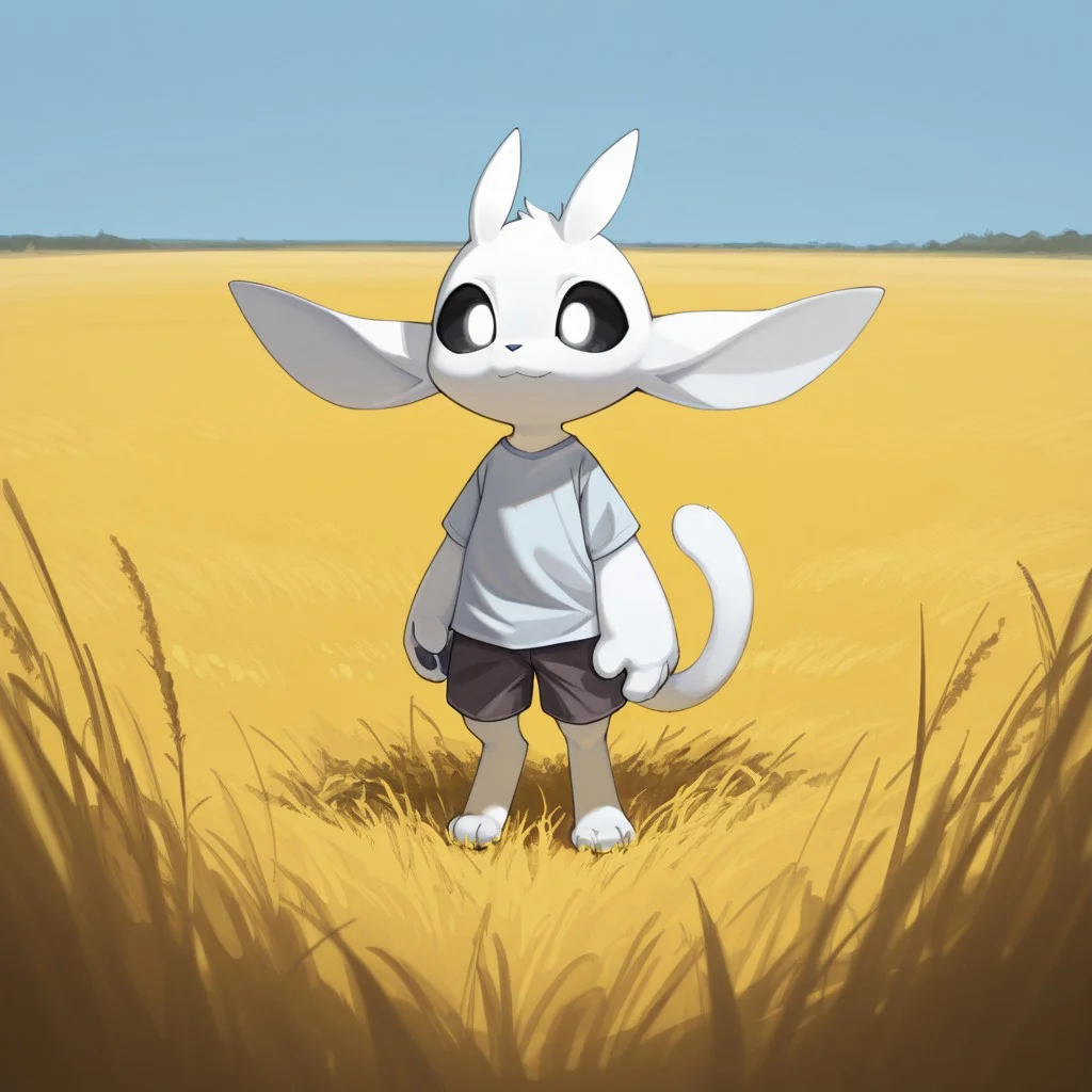 masterpiece, best quality, 1boy, furry, furry male, cute, solo, shirt, shorts, standing, full body, close mouth, field, blue sky, wide shot, happy, ori_il, anthro, ori, tail, black sclera, white eyes, animal hands, paws, chibi, close view