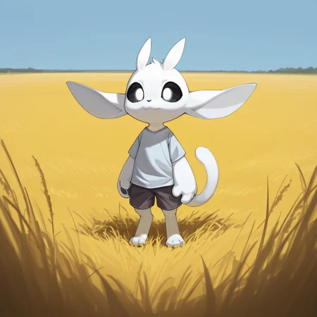 masterpiece, best quality, 1boy, furry, furry male, cute, solo, shirt, shorts, standing, full body, close mouth, field, blue sky, wide shot, happy, ori_il, anthro, ori, tail, black sclera, white eyes, animal hands, paws, chibi, close view