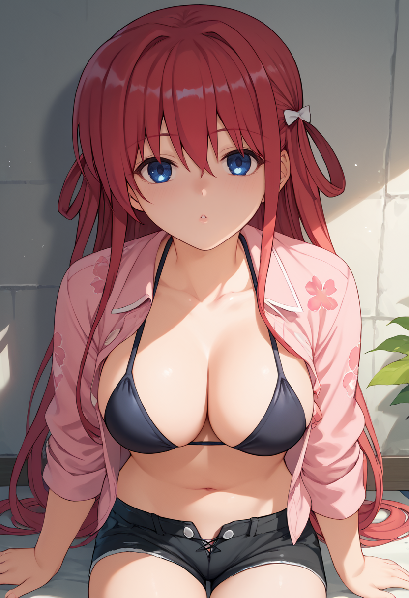 score_9, score_7_up, 1girl, suou amane, two side up, long hair, red hair, blue eyes, large breasts, bikini top only, pink aloha shirt, black shorts, looking at viewer, open shirt,    <lora:Suou Amane 3-000009:1>