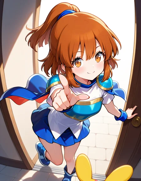 <lora:PuyoArleF_SDXL_illustrious_fp16_ver01:1>,1girl,solo,PuyoarleF,brown eyes,brown hair, ponytail,armor, shoulder armor,white shirt,blue skirt,cape,wristband, blue footwear,carbuncle \(puyopuyo\),<lora:HairintakesEraser_v01_illustrious_10steps:2>,pov,pointing at viewer, smile, masterpiece, best quality, very aesthetic, absurdres,<lora:detailed_hands:1>,hand