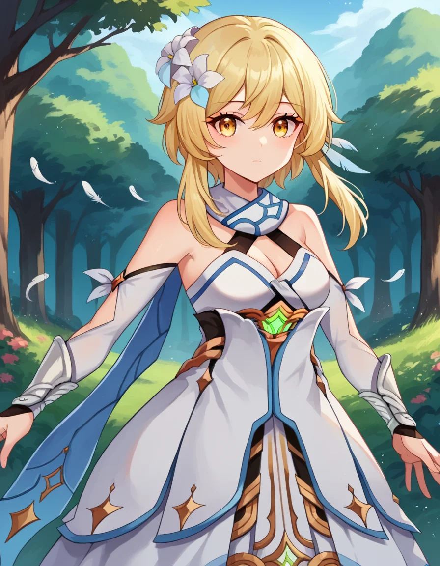 score_9, score_8_up, score_7_up, source_anime,
genshinlumine, <lora:genshin-lumine-ponyxl-lora-nochekaiser:1>,
lumine, bangs, blonde hair, hair ornament, hair between eyes, yellow eyes, flower, hair flower, feather hair ornament,
dress, bare shoulders, detached sleeves, scarf, white dress, white footwear, cleavage, detached collar,
outdoors, nature, forest,
looking at viewer, dynamic pose,