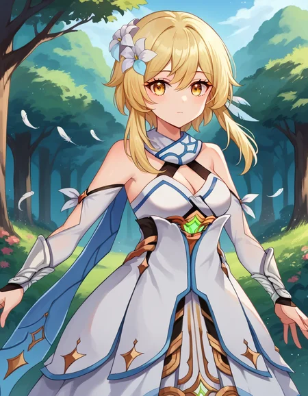 score_9, score_8_up, score_7_up, source_anime,
genshinlumine, <lora:genshin-lumine-ponyxl-lora-nochekaiser:1>,
lumine, bangs, blonde hair, hair ornament, hair between eyes, yellow eyes, flower, hair flower, feather hair ornament,
dress, bare shoulders, detached sleeves, scarf, white dress, white footwear, cleavage, detached collar,
outdoors, nature, forest,
looking at viewer, dynamic pose,