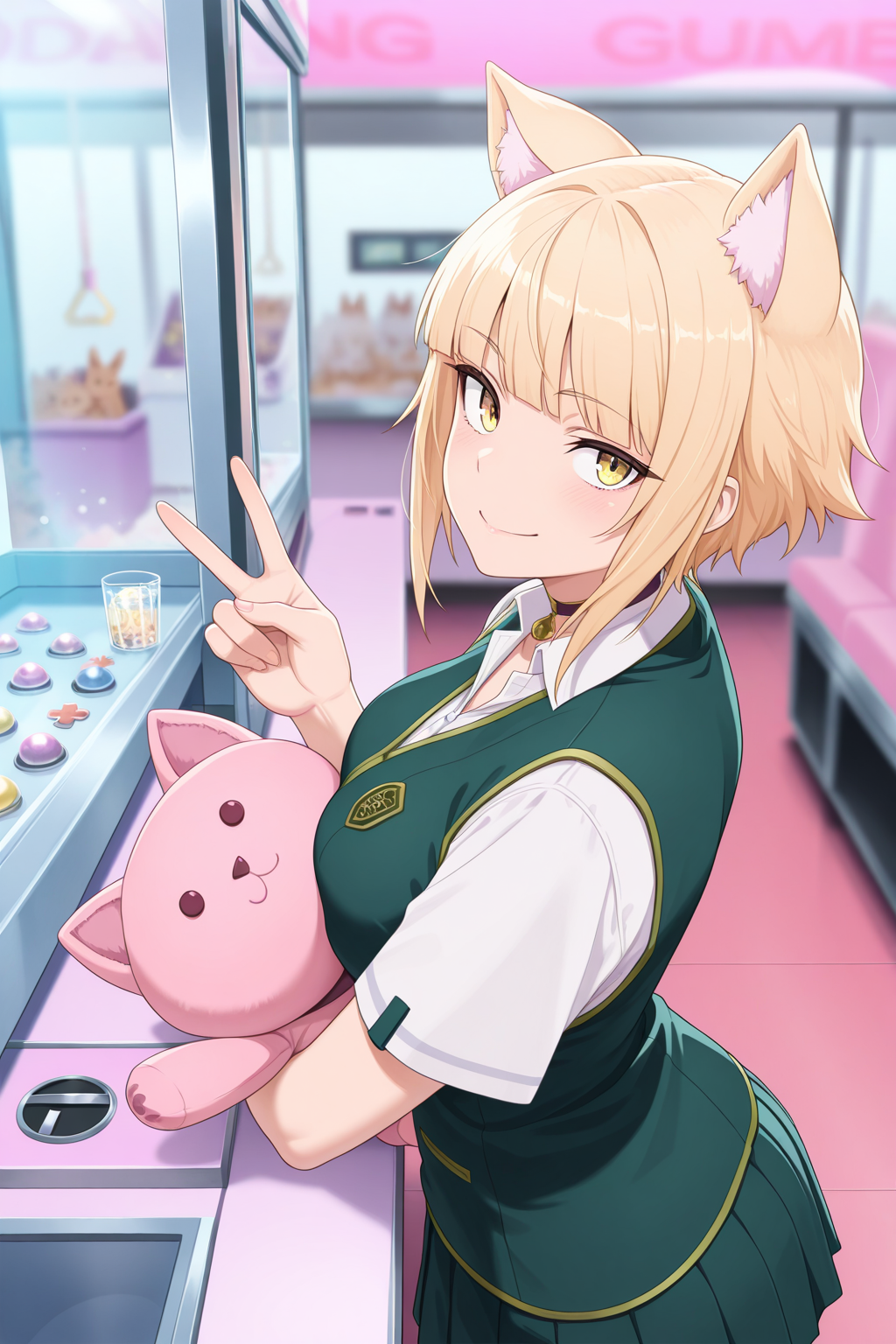 1girl, KuraishiTanpopoWitchCraftWorks, 
general, solo, pov dating, perspective, from side, upper body,
animal_ears, yellow eyes, short hair, blonde hair, breast,
choker, collared shirt, open collar, green vest, pleated skirt,
dating, (looking at viewer), smile, v,
holding stuffed toy, crane game, glass, depth of field,
<lora:kp_KuraishiTanpopoWitchCraftWorksIllustrious_v1_0:1.0>,
masterpiece, best quality, amazing quality