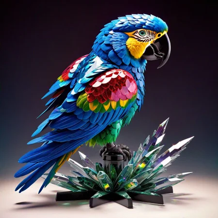 amazing gorgeous view, award winning, breathtaking, photo of the year, 4k, hyperrealistic, dramatic lighting, photograph of a ((Transluscent Glass Macaw)) an epic colorful powder explosion of nebulae; fractal patterns of magical sparkling (crystal stars)