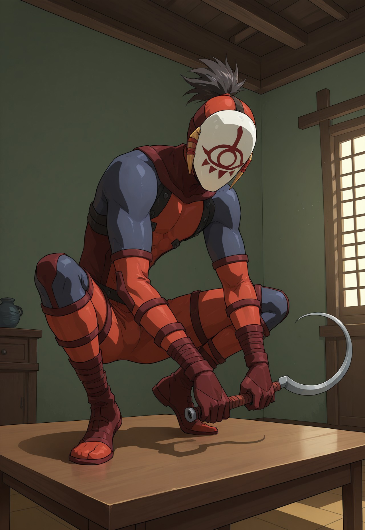 YigaF, 1boy, solo, mask, gloves, bodysuit, sickle, holding, reverse grip, crouching, indoors, on table