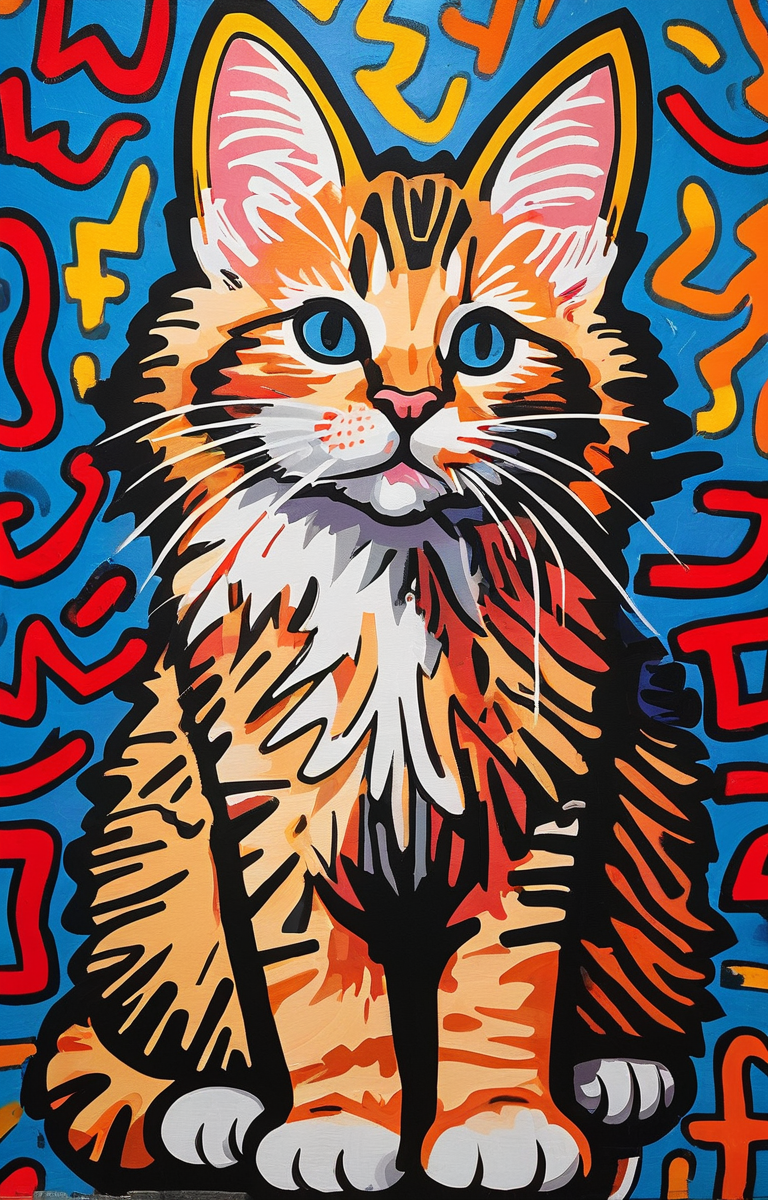 masterpiece,best quality,<lora:tbh164-sdxl:0.9>,illustration,style of Keith Haring, cute Mainecoon cat and Abyssinian cat