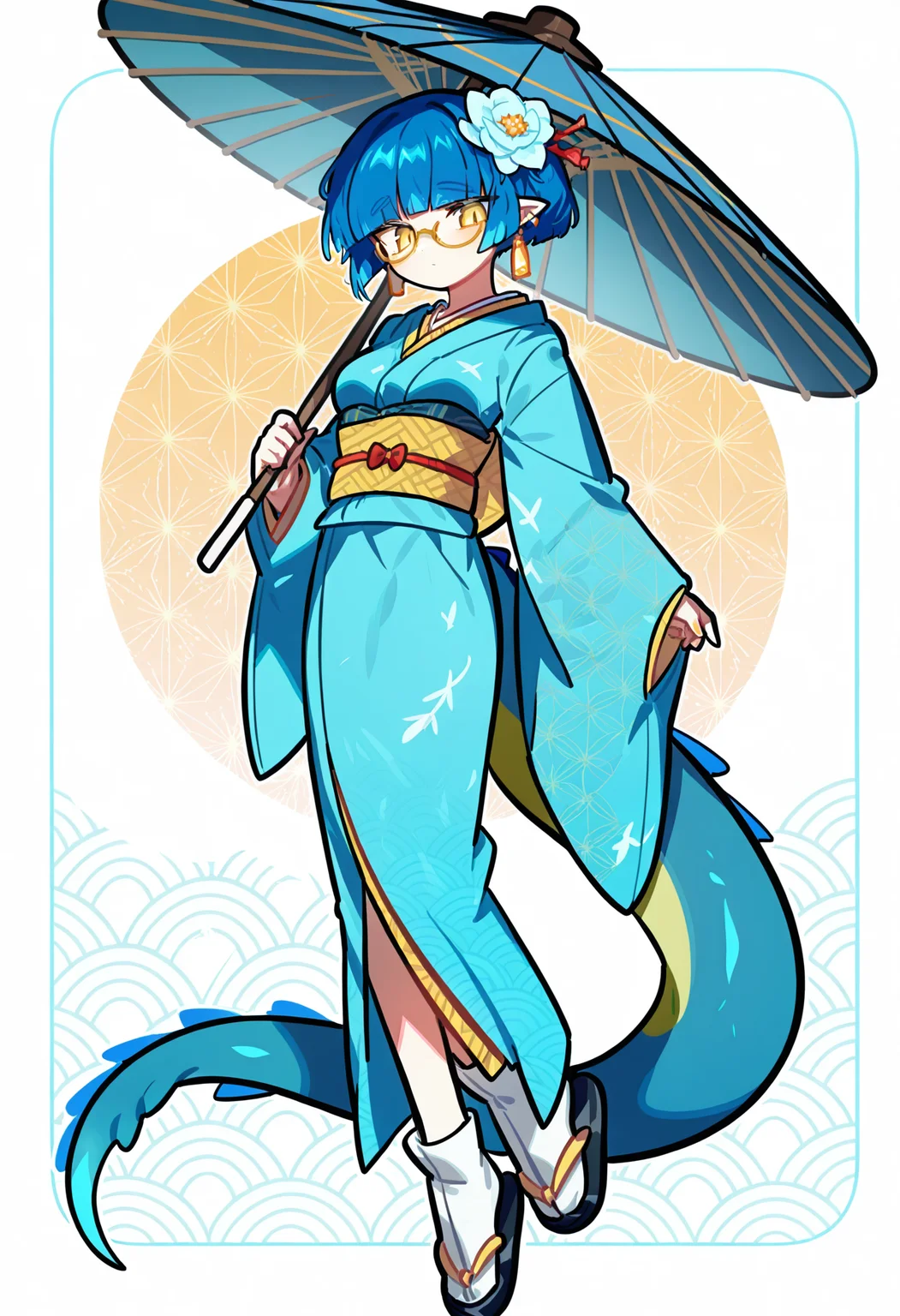 1girl, pointed ears, yellow eyes, slit pupils, blue hair, blind bangs, short hair, hime cut, lizard tail, blue tail, medium breasts, skinny, 
umbrella, japanese clothes, holding umbrella, kimono, hair ornament, oil-paper umbrella, tabi, seigaiha, glasses, wide sleeves,hair flower, asa no ha (pattern), zouri, jewelry, bowtie, earrings, blue kimono,bow, 
 full body,   looking at viewer, 
masterpiece,best quality,amazing quality, <lora:omoyunakyu715-_style_Illustrious:1>, omoyu_nakyu715,
