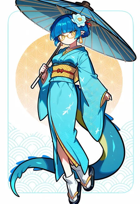 1girl, pointed ears, yellow eyes, slit pupils, blue hair, blind bangs, short hair, hime cut, lizard tail, blue tail, medium breasts, skinny, 
umbrella, japanese clothes, holding umbrella, kimono, hair ornament, oil-paper umbrella, tabi, seigaiha, glasses, wide sleeves,hair flower, asa no ha (pattern), zouri, jewelry, bowtie, earrings, blue kimono,bow, 
 full body,   looking at viewer, 
masterpiece,best quality,amazing quality, <lora:omoyunakyu715-_style_Illustrious:1>, omoyu_nakyu715,