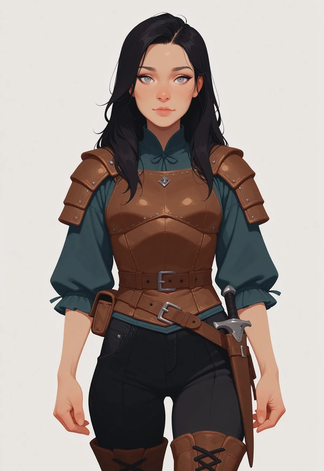 HDR, 8K, masterpiece, best quality, amazing quality, very aesthetic, realistic, newest,
(artist:incase:0.1), (artist:tsuaii:0.1), (Flatline, Flat vector illustration, no lineart, no outline, flat colors:1.2),
1girl, solo, cute face, grey eyes, dark hair, long hair,
standing, front view, looking at viewer, white background, cowboy shot,
leather armor, dagger in scabbard, satchel, black pants, leather boots, adventurer