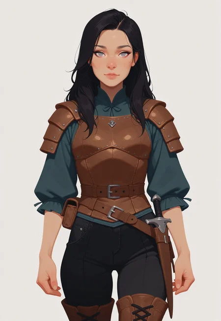 HDR, 8K, masterpiece, best quality, amazing quality, very aesthetic, realistic, newest, 
(artist:incase:0.1), (artist:tsuaii:0.1), (Flatline, Flat vector illustration, no lineart, no outline, flat colors:1.2), 
1girl, solo, cute face, grey eyes, dark hair, long hair, 
standing, front view, looking at viewer, white background, cowboy shot,
leather armor, dagger in scabbard, satchel, black pants, leather boots, adventurer
