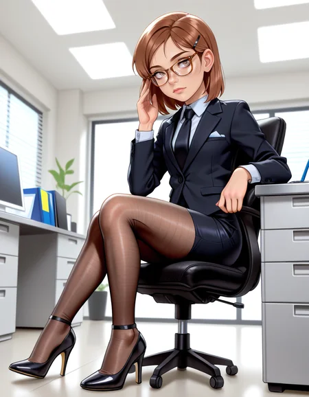 masterpiece, best quality, very aesthetic, absurdres,
indoors, office, 
full body, long eyelashes,
<lora:Megan_v01_NAIXL-000012:1>,
M364n,1girl,brown hair,short hair,hairclip,glasses,brown eyes,freckles,office lady,necktie,suit,pencil skirt,brown pantyhose,high heels,