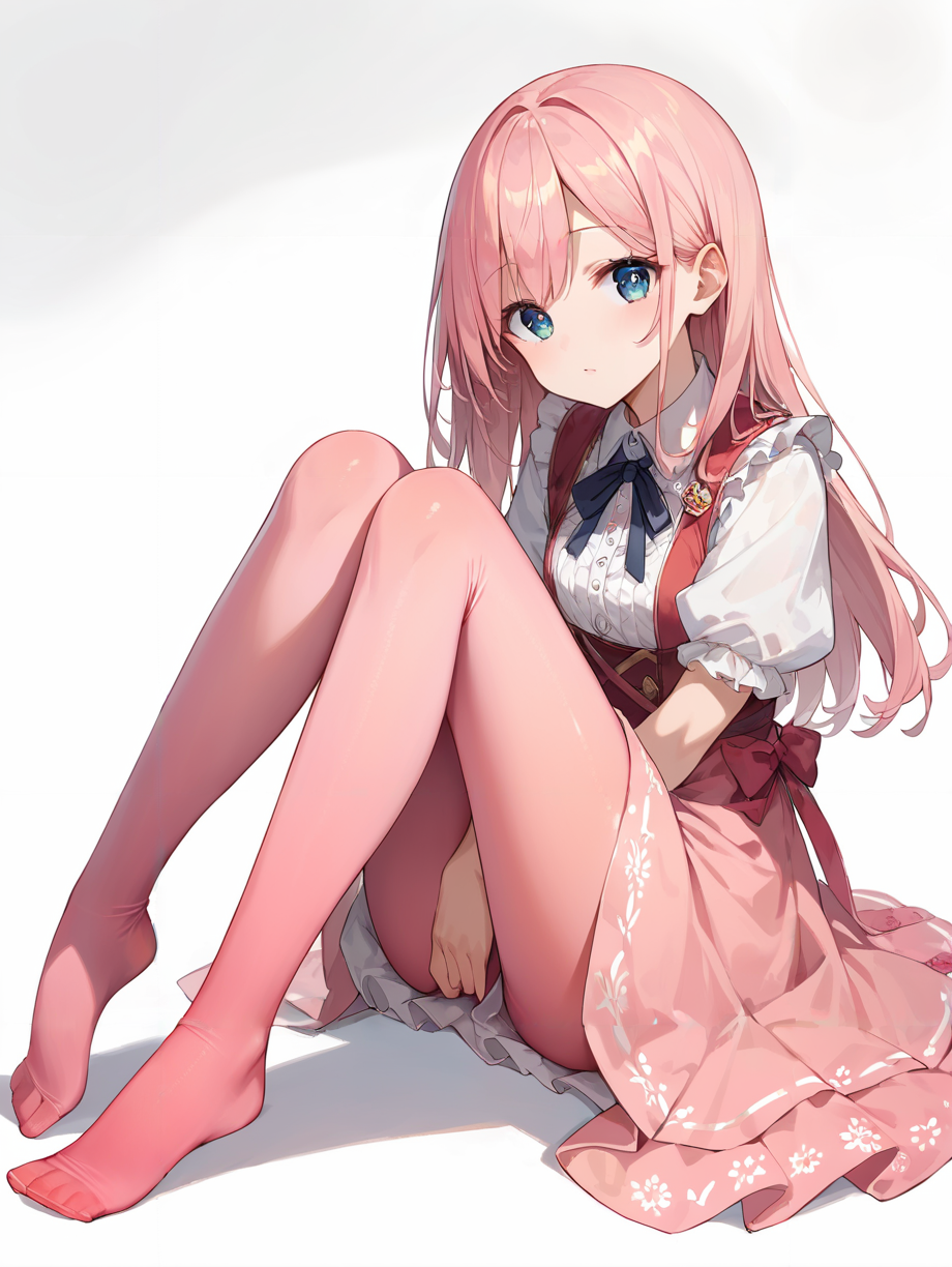 score_9, score_8_up, score_7_up,source_anime, high res image,masterpiece,best quality,(girl:1.0),cute face,clear skin,shiny hair,ultra detailed eyes,simple background, dress,<lora:gradient pantyhose_pony_V1.0:0.7> gradient pantyhose,pink  pantyhose,no shoes,sitting
