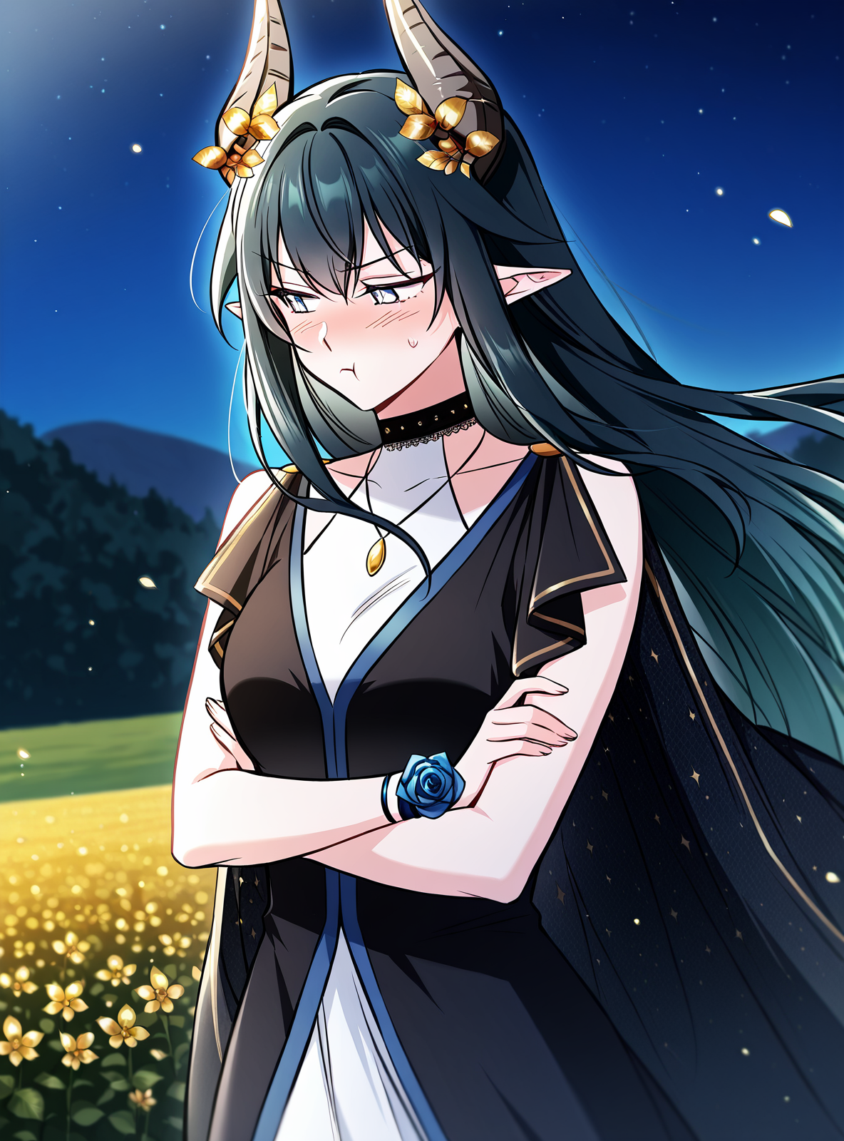 <lora:Regressor_Instruction_Manual__Dialugia:1>
1 girl, solo, long hair, straight hair, black hair, greenish blue hair, gradient hair, bangs, hair ornament, golden flowers, elf ears, horned girl, horns, 
white dress, black outer robe, blue lining, blue trim, black cloak, starry cloak, layered outfit, black and gold accents, golden trim, choker, black choker, sleeveless dress, long dress, open cloak, necklace, blue rose bracelet
score_9, score_8_up, score_7_up, very aesthetic, source_anime, detailed, high quality, beautiful, masterpiece, detailed eyes, field, blurry background, pose dynamic angle, upper body, cowboy shot, floating hair, half-closed eyes, arms crossed, looking to the side, pouting, sulking, embarrassed, night,
