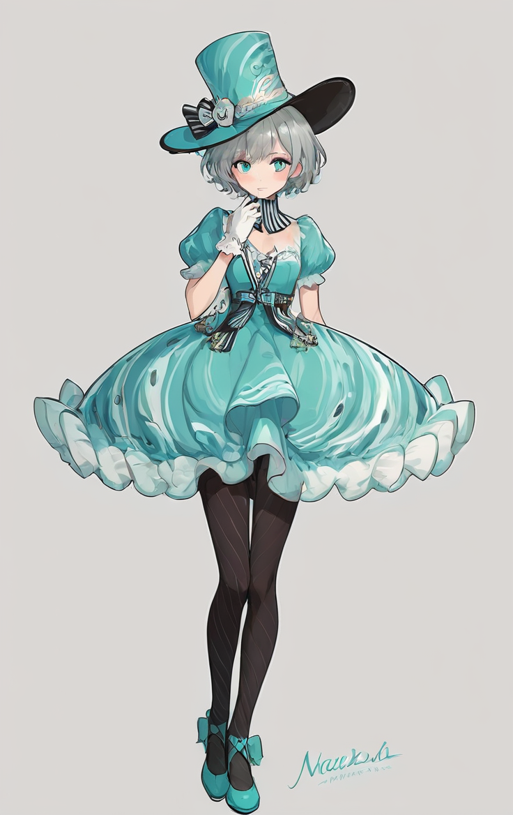 score_9, score_8_up, score_7_up, score_6_up, score_5_up, score_4_up,
 <lora:OverDesignedGirls:.7>
1girl, aqua eyes, aqua footwear, artist name, black legwear, bow, dress, full body, gloves, hat, pantyhose, shoes, short hair, signature, solo, striped, striped bow, white gloves