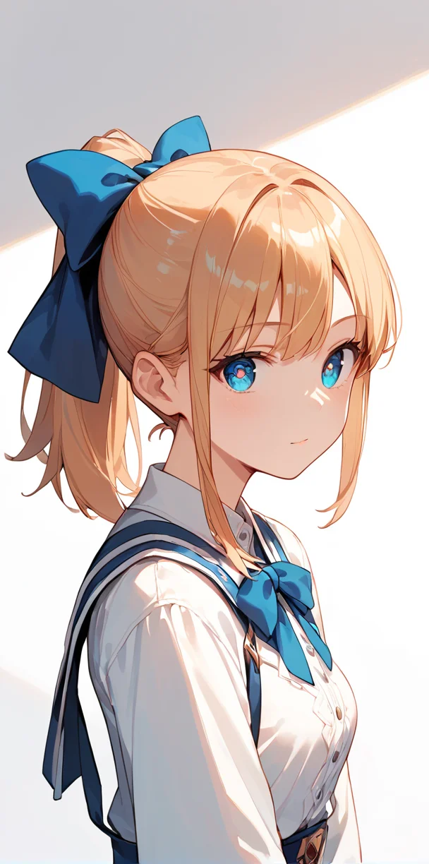 score_9, score_8_up, score_7_up,source_anime, high res image,masterpiece,best quality,girl,cute face,clear skin,shiny hair,ultra detailed eyes,simple background, <lora:hair ribbon_pony_V1.0:0.6> hair ribbon,ponytail