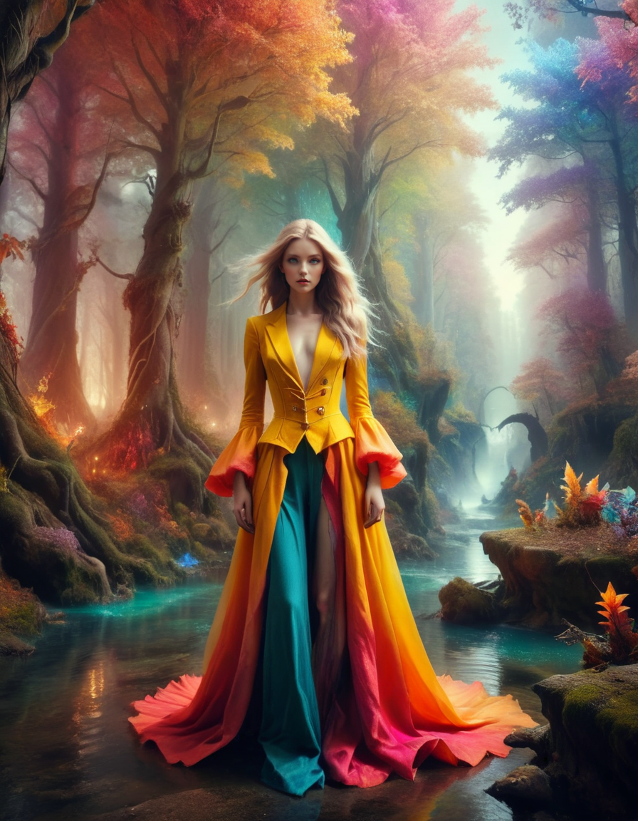 RAW photo, (photo flash:1.5) (fashion photography) (pictorialist style), fashion shot, realistic photo style, sharp focus, colorful fantasy realm <lora:ral-fntsyrlms-sdxl:1> ral-fntsyrlms