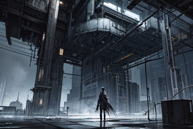 highly insanely detailed, masterpiece, top quality, best quality, highres, 4k, 8k, RAW photo, (very aesthetic, beautiful and aesthetic),  
tsutomu nihei,nihei_tsutomu,blame!,blame gakuen!,abara,TNstyle,sidonia_no_kishi,clouds,machinery,light particles,bones,bridge,buildings,wire,drainpipe,steam,mist,gauna,gauna mech,star \(sky\),starry sky,tentacles,concrete walls,metal walls,lantern,dome,letterboxed,dark sky,black sky,cables,tubes,industrial pipes,walkway,toha heavy industries,fence,ventilation fan,ventilation shaft,air conditioner,science fiction,futuristic,blm,decrepit,dark background,cyberpunk,vast scenery,perspective,no human,open space,dystopia,destroyed,flock,empty, 
<lora:blameLora_v10:0.5>, 
(1girl:1.3), 
solo focus, 
(beautiful detailed glow,beautiful detailed ice,beautiful detailed water,snowflake),âââ