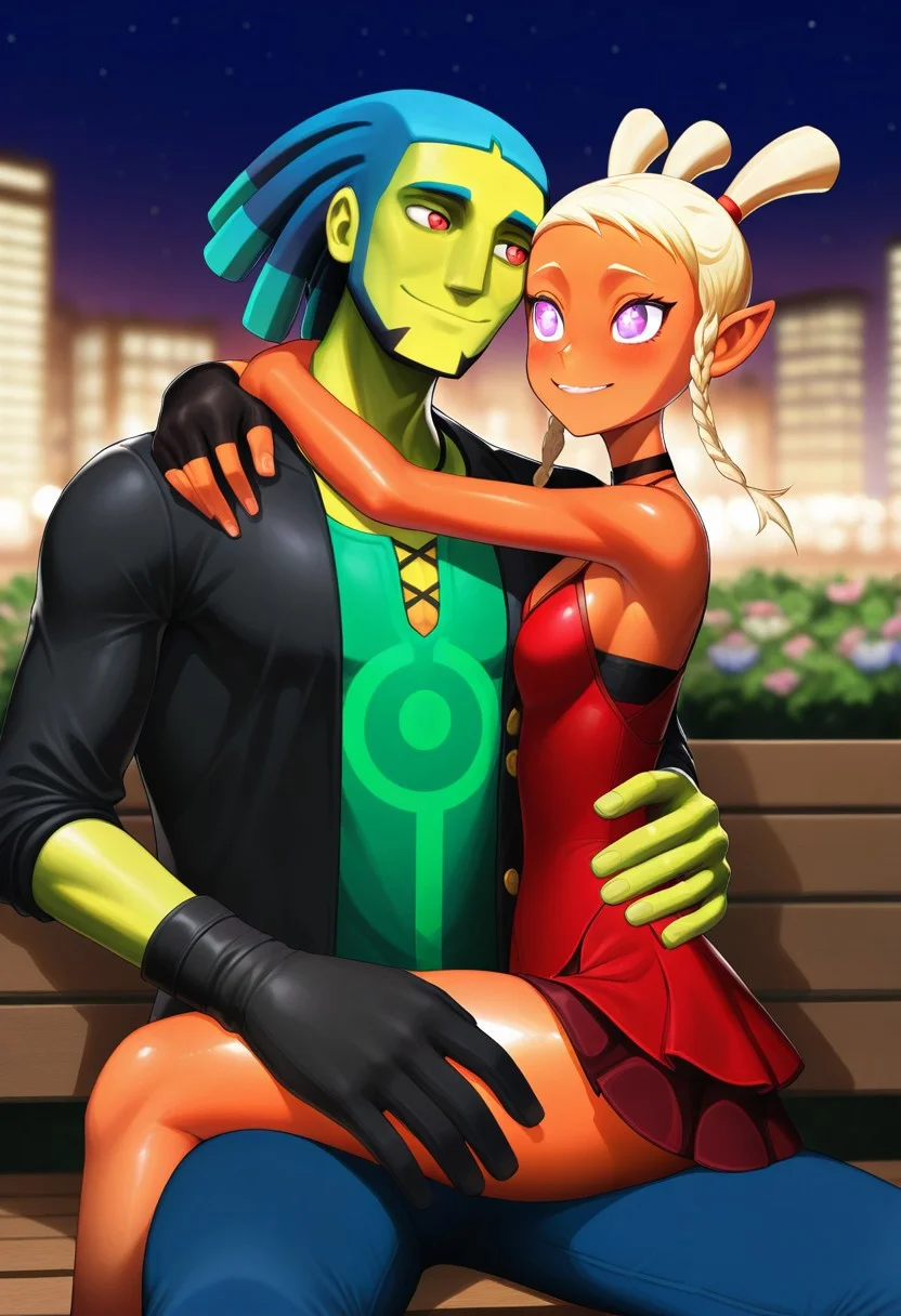 masterpiece, best quality, amazing quality, 3d, couple, duo, colored skin, hetero, looking at partner, smile, (1boy, Zuke, black jacket, green undershirt, neckless, dreadlocks, blue hair, red eyes, greem skin, single glove, blue pants, ) BREAK (1girl, Blonde hair, three pigtails, short hair, orange skin, purple eyes, flower pupils, choker, red dress, black shorts, single fingerless glove, thick thighs, ) outdoors, city, night, city lights, cowboy shot, sitting on bench, cuddle,