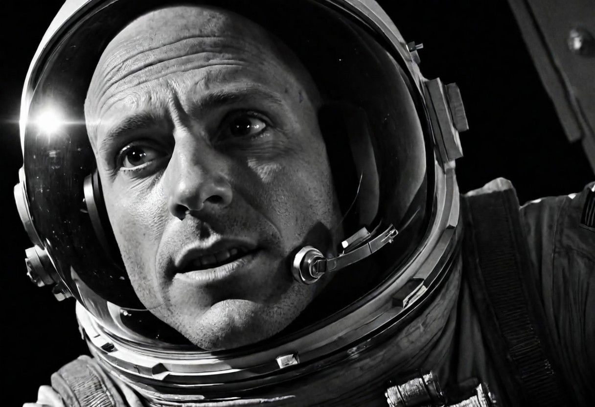 cinematic, ((black and white, monotone, greyscale)), 1955, portrait, of a terrified, Johnny Sins, as a astronaut, floating, lost in space, noise, noisy, detailed, high quality, cinematic lighting, contrast, dynamic shadows,