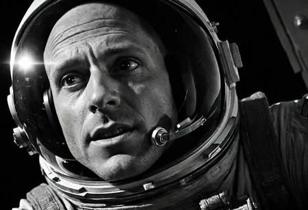 cinematic, ((black and white, monotone, greyscale)), 1955, portrait, of a terrified, Johnny Sins, as a astronaut, floating, lost in space, noise, noisy, detailed, high quality, cinematic lighting, contrast, dynamic shadows,