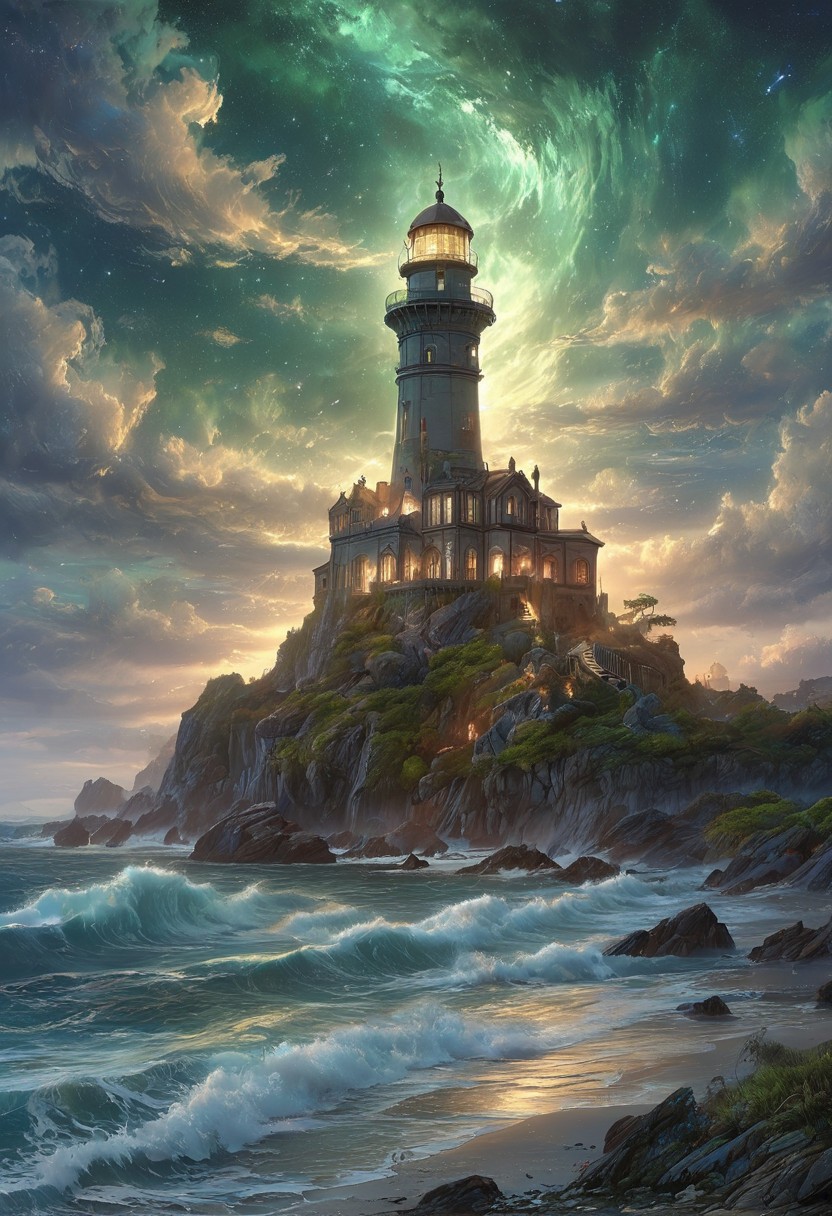A captivating night scene illustration featuring an ancient lighthouse standing tall on a rocky island. The lighthouse, adorned with multiple windows, emits a warm glow, highlighting its intricate architecture and rich history. The rocky island is covered in lush green trees, reflecting on the calm, moonlit sea waters that mirror the silvery moonlight. The full moon graces the sky, casting an ethereal glow on the clouds and sea, while wispy clouds partially obscure its brilliance, adding to the scene's mystique. Twinkling stars dot the sky, creating a celestial tapestry that harmonizes with the moon's radiance. This enchanting artwork captures a serene and peaceful night, where the illuminated lighthouse stands resolute amidst the celestial beauty, creating a cinematic experience., illustration, cinematic
<lora:DonM3t3rn1tyXL-v1.1:0.7>, DonM3t3rn1tyXL,
OverallDetailXL  <lora:MJ52:0.3>  <lora:SDXLFaeTastic2400:0.4>  <lora:EpicF4nta5yXL:0.7>