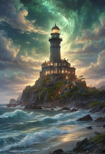A captivating night scene illustration featuring an ancient lighthouse standing tall on a rocky island. The lighthouse, adorned with multiple windows, emits a warm glow, highlighting its intricate architecture and rich history. The rocky island is covered in lush green trees, reflecting on the calm, moonlit sea waters that mirror the silvery moonlight. The full moon graces the sky, casting an ethereal glow on the clouds and sea, while wispy clouds partially obscure its brilliance, adding to the scene's mystique. Twinkling stars dot the sky, creating a celestial tapestry that harmonizes with the moon's radiance. This enchanting artwork captures a serene and peaceful night, where the illuminated lighthouse stands resolute amidst the celestial beauty, creating a cinematic experience., illustration, cinematic
<lora:DonM3t3rn1tyXL-v1.1:0.7>, DonM3t3rn1tyXL,
OverallDetailXL  <lora:MJ52:0.3>  <lora:SDXLFaeTastic2400:0.4>  <lora:EpicF4nta5yXL:0.7>