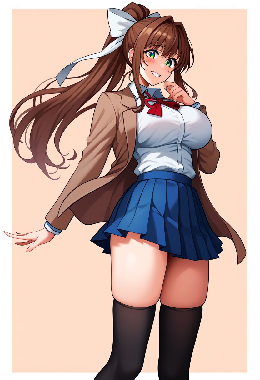 score_9, score_8_up, score_7_up, score_6_up, score_5_up, score_4_up, source_cartoon, <lora:confetti-extract- ponyxl:0.85>, detailed eyes, easynegative, rating_explicit, Expressiveh, 1girl, solo, rakusaku, big breasts, smiling at viewer, blush
Monika, very long hair,brown hair,ponytail,hair bow,white bow,hair ribbon,white ribbon,sidelocks,bangs,green eyes, school uniform,brown jacket,blazer,wing collar,neck ribbon,red ribbon,white shirt,long sleeves,medium breasts,skindentation,blue skirt,pleated skirt,zettai ryouiki,black thighhighs, big breasts