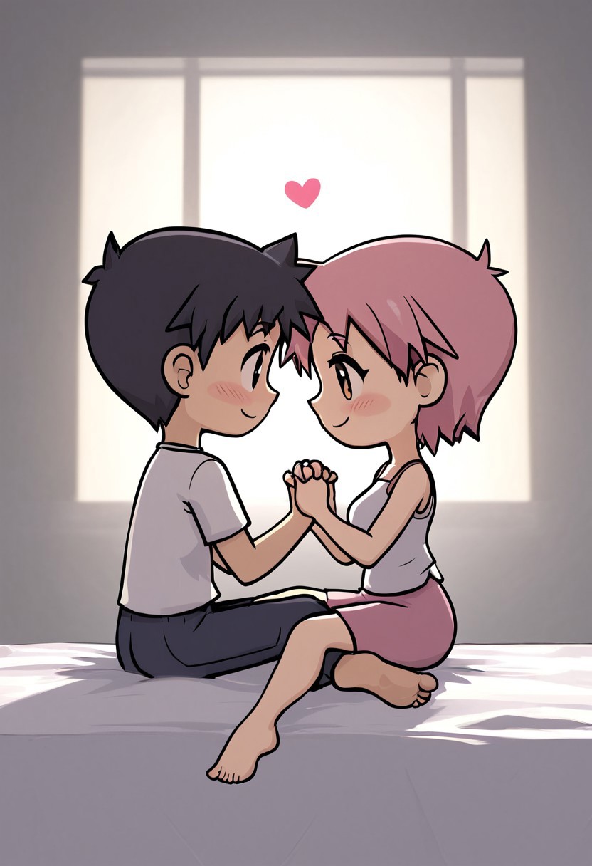 score_4,score_5,score_6,score_7_up,score_8_up,score_9 ((masterpiece,best quality,ultra detailed,highres,HD,4k:1.2)), 
chibi,full body,| |,
1 girl and 1 boy,hetero,girl focus,
bobcut pink hair girl,large breast,
black short hair boy,
Man and woman holding hands, couple, looking at each other, bedroom, sitting on bed, heart symbol, heart effect,
smile,happy,closed mouth,
