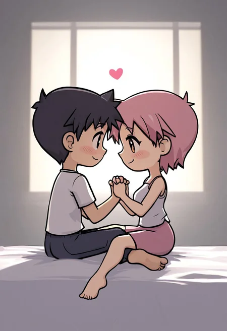score_4,score_5,score_6,score_7_up,score_8_up,score_9 ((masterpiece,best quality,ultra detailed,highres,HD,4k:1.2)), 
chibi,full body,| |,
1 girl and 1 boy,hetero,girl focus,
bobcut pink hair girl,large breast,
black short hair boy,
Man and woman holding hands, couple, looking at each other, bedroom, sitting on bed, heart symbol, heart effect,
smile,happy,closed mouth,