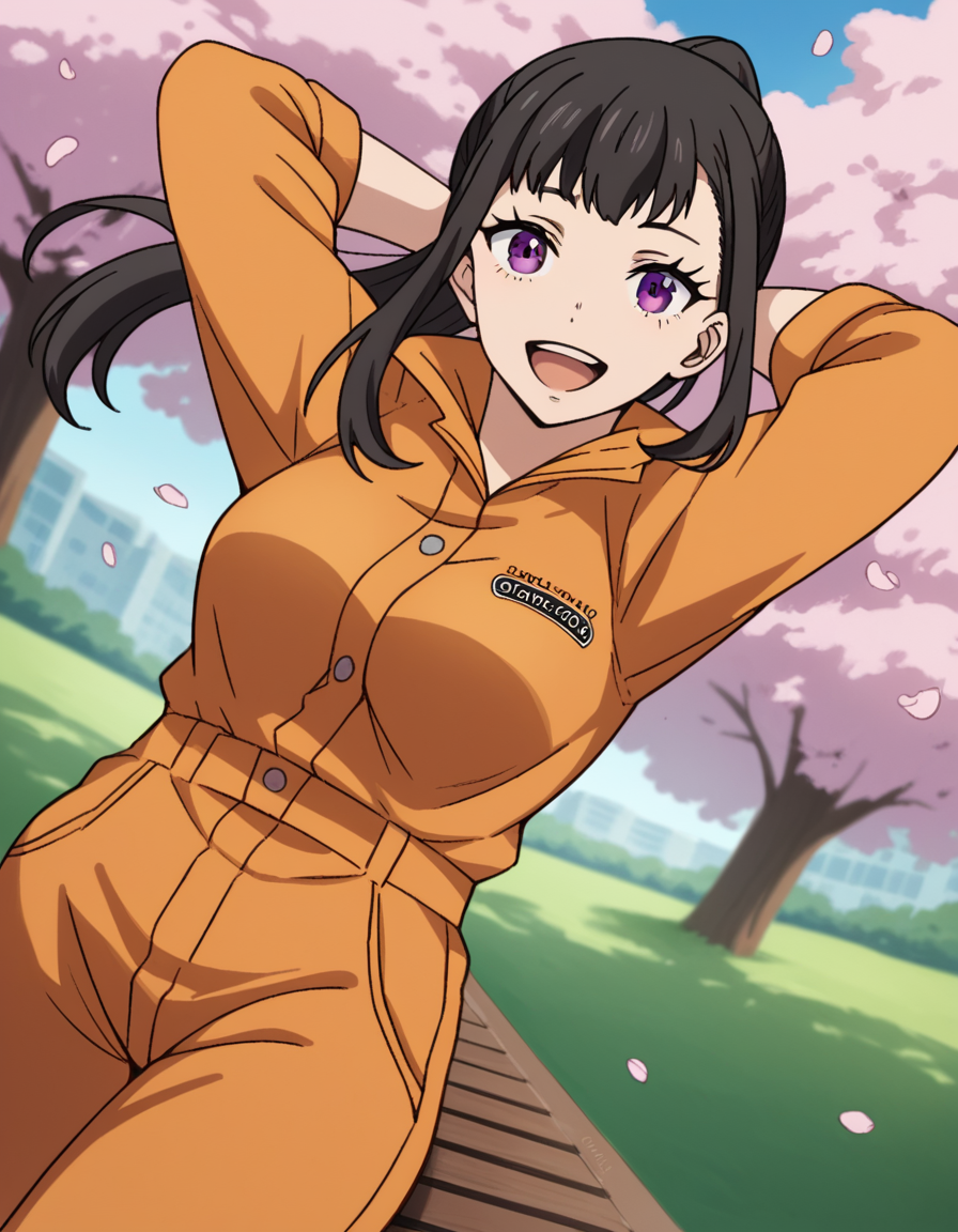 score_9, score_8_up, score_7_up, source_anime, <lora:maki-oze-s1s2-ponyxl-lora-nochekaiser:1>, maki oze, long hair, bangs, black hair, purple eyes, ponytail, medium breasts,, jumpsuit, orange jumpsuit,, park, cherry blossoms, bench, gentle breeze, peaceful, running, open mouth,, smile, hands behind head,, looking at viewer, solo,, dutch angle, cowboy shot