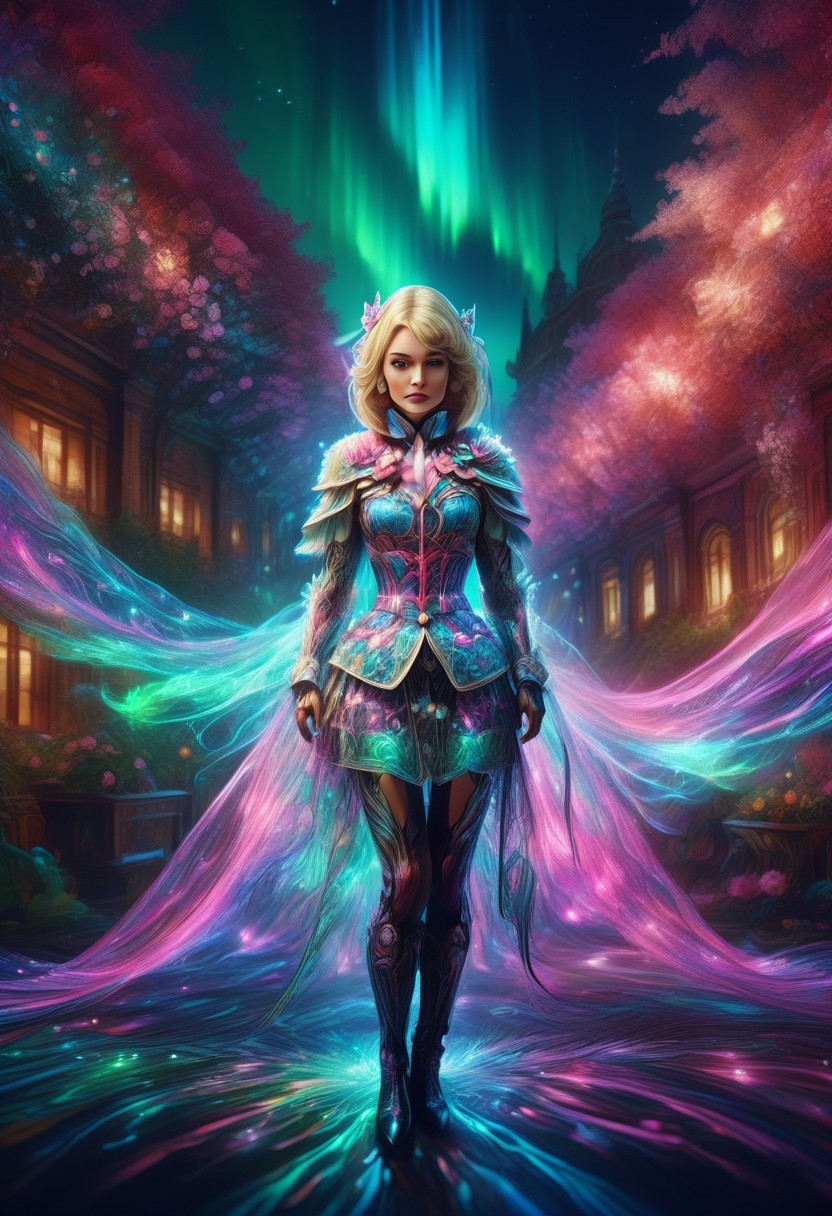 morph-aurora, score_9, score_8_up, score_7_up, score_6_up, score_5_up, score_4_up, rating_safe, c4lyx, highly detailed, complex composition, Gwen Stacy, dynamic lighting, intricate textures, high-contrast lighting, whimsical and modern aesthetic, spider-gwen suit, bokeh, palace, garden, flexible anatomy, head tilt, light smile, 28 years old, red knee boots, 1girl, d.va (overwatch), Older woman, (palace:1.3), (suit:1.2), (mgrcirinakushu:1.4), kshwtr, blonde hair, low ponytail, blue eyes, hair ornament, fur capelet, bowtie, gradient coat, corset, layered skirt, scenery, outdoors.