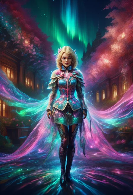 morph-aurora, score_9, score_8_up, score_7_up, score_6_up, score_5_up, score_4_up, rating_safe, c4lyx, highly detailed, complex composition, Gwen Stacy, dynamic lighting, intricate textures, high-contrast lighting, whimsical and modern aesthetic, spider-gwen suit, bokeh, palace, garden, flexible anatomy, head tilt, light smile, 28 years old, red knee boots, 1girl, d.va (overwatch), Older woman, (palace:1.3), (suit:1.2), (mgrcirinakushu:1.4), kshwtr, blonde hair, low ponytail, blue eyes, hair ornament, fur capelet, bowtie, gradient coat, corset, layered skirt, scenery, outdoors.