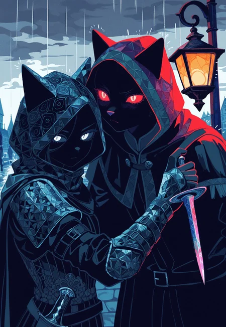 duo, anthro, cat head, androgynous, hood up, leather armor, dagger, fighting, serious, sideways glance, alleyway, overcast, rain, medieval fantasy, slit pupils, glowing eyes, street lantern, ominous figure,
yadu_nadu, patterned, ushiyama_ame, high contrast, limited palette, no lineart, no outline,
masterpiece, absurdres, newest, [dynamic pose]