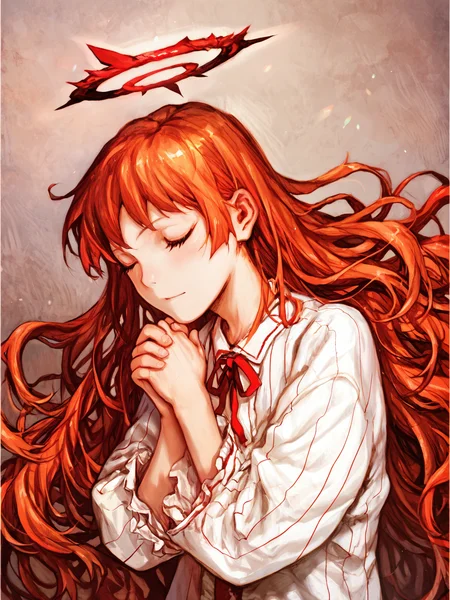 score_9, score_8_up, score_7_up, uncensored, BREAK, 1girl, <lora:yoshitoshi_ABe_Style_PDXLv1.1:0.8> abe yoshitoshi style, own hands together, red halo,