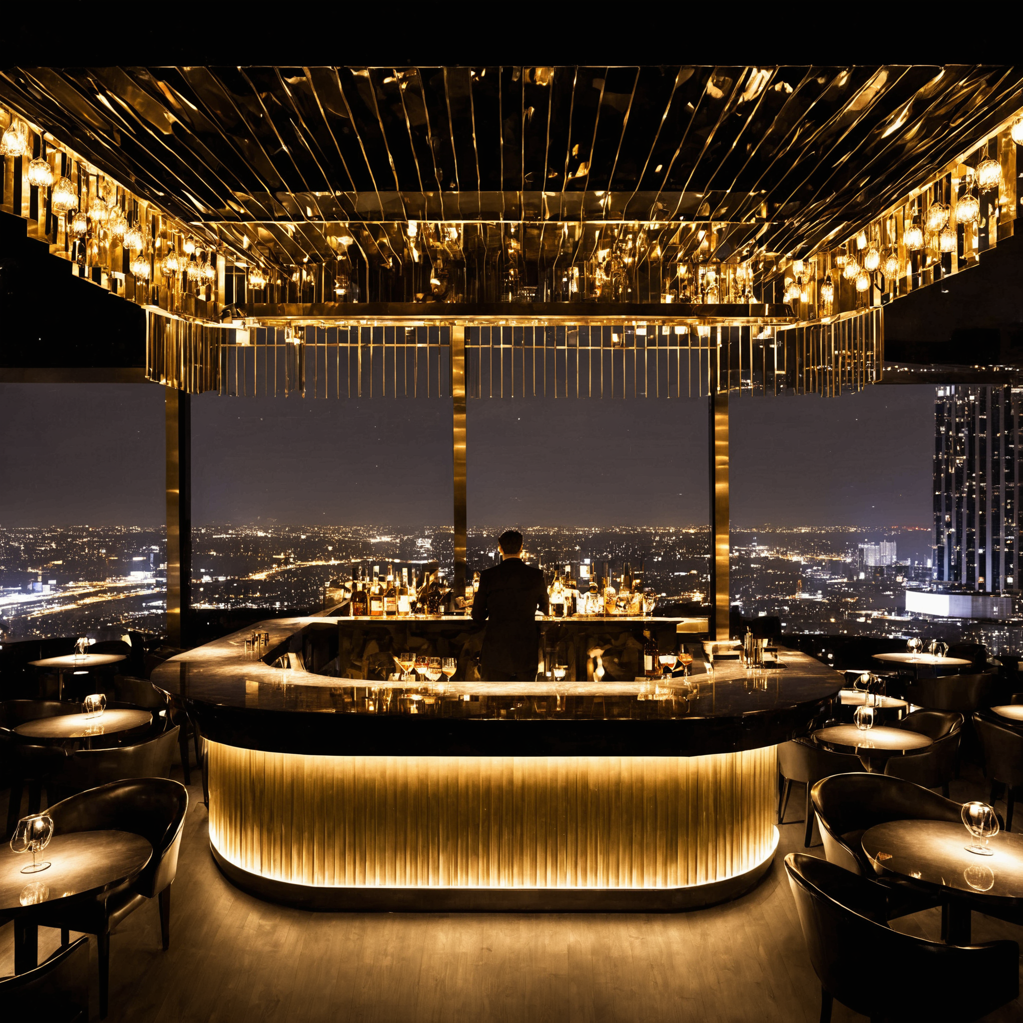 skybar,<lora:20240705-1720127504546:0.6>,bar in a skyscraper,city lights,luxury decor,high-end,best picture quality,masterpiece,window outdoor city background,urban landscape,magnificent_architecture,bar counte,art chandelier,