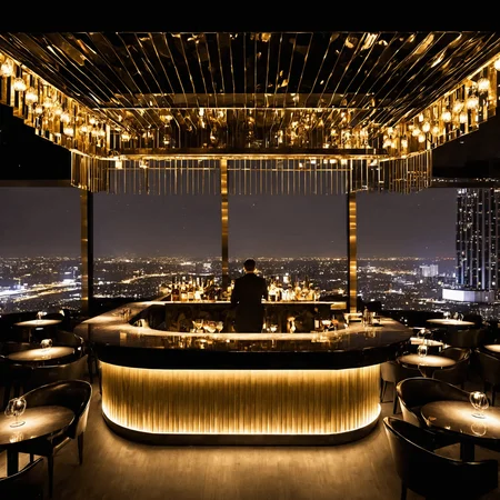 skybar,<lora:20240705-1720127504546:0.6>,bar in a skyscraper,city lights,luxury decor,high-end,best picture quality,masterpiece,window outdoor city background,urban landscape,magnificent_architecture,bar counte,art chandelier,