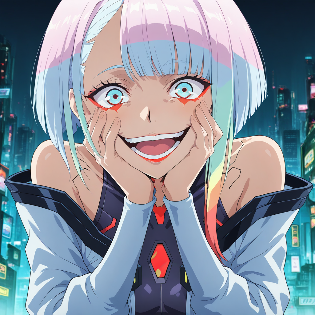 masterpiece, best quality, newest, absurdres, highres, vintage anime, 90s anime, YE/T-V1.0, YE-V1.0, yandere expression, crazy, crazy eyes, crazy smile, yandere, 1girl, lucy /(cyberpunk/), white hair, bob cut, asian, asian female, bangs, red eyeliner, off-shoulder jacket, short hair,