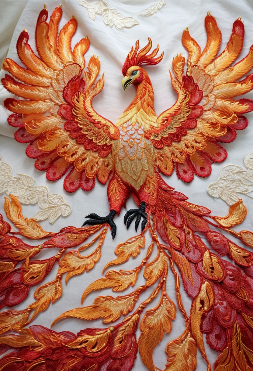 lazypos,high quality,masterpiece,ultra-high resolution,incredible composition,extremely detailed, 
madeoflace, majestic phoenix rising from embroidered flames, wings layered in translucent lace, glowing embroidery forming feather textures, dramatic sky