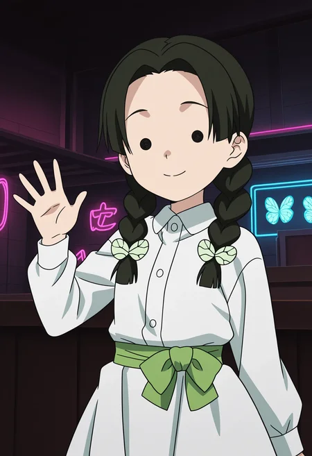 1girl, takada naho, black hair, parted bangs, twin braids, dot eyes, green hair ribbon, green butterfly hair ornament, collared shirt, white dress, green obi, white skirt, 
little smile, closed mouth, looking at viewer, standing, cowboy shot, looking at viewer, hand up, waving, general, 
indoors, bar, dark background, dark, neon lights, 
masterpiece, best quality, ultra-detailed, very aesthetic, illustration, perfect composition, intricate details, absurdres, official art, official style, source_anime, anime screencap, anime coloring, newest, intricate, hires textures, high detail, 4k, incredibly detailed, perfect anatomy, UHD, 8K, 
| <lora:DS-butterfly_mansion_girls_XL(ill01)v10d:1>