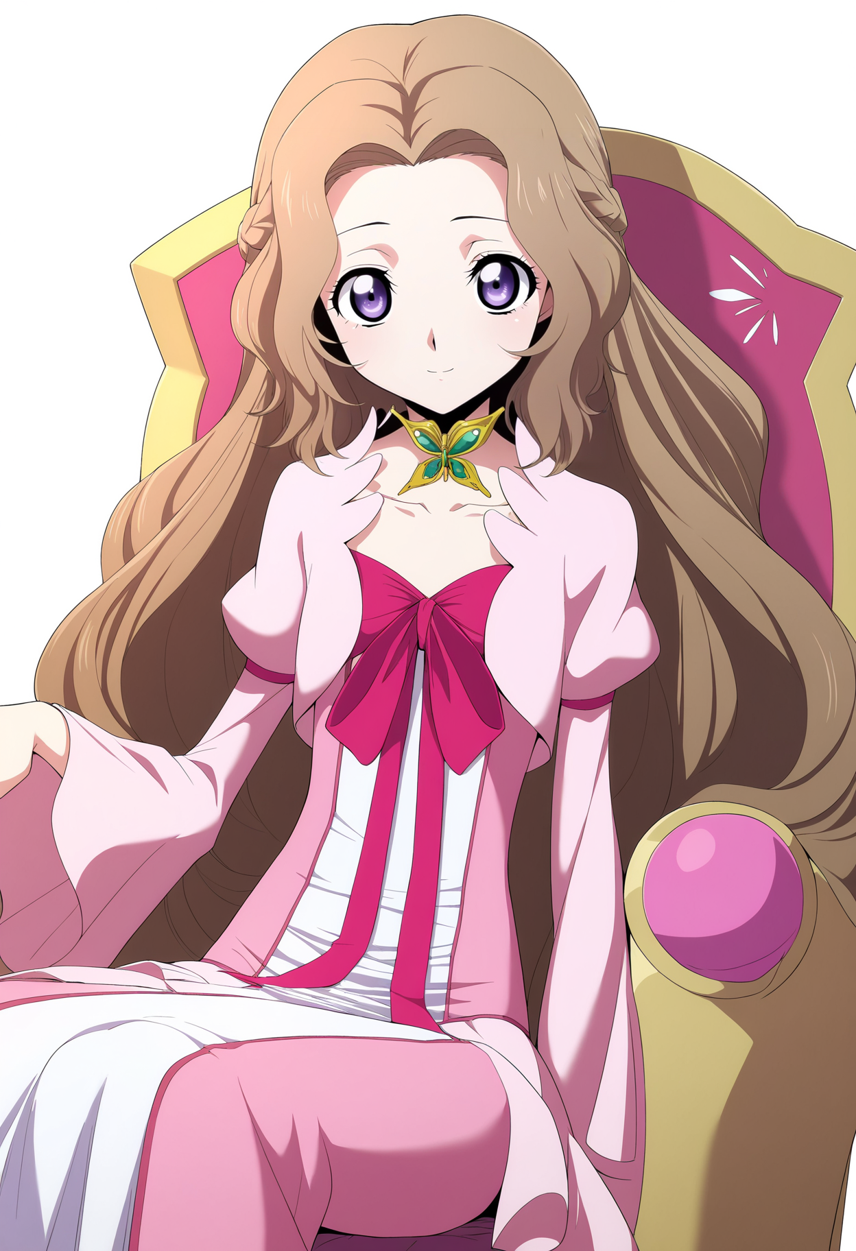 masterpiece, best quality, very aesthetic, absurdres,
1girl, nunnally, long hair, brown hair, purple eyes,
dress,
sitting, chair,
smile, solo, looking at viewer, simple background, white background,   <lora:NunnallyViBritanniaNoobXL_byKonan:1>
