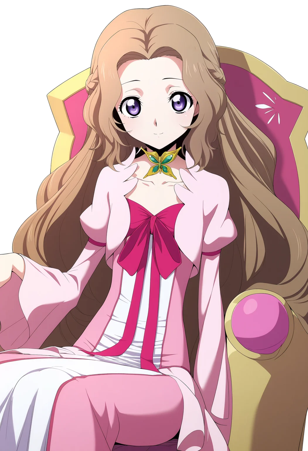 masterpiece, best quality, very aesthetic, absurdres,
1girl, nunnally, long hair, brown hair, purple eyes,
dress,
sitting, chair,
smile, solo, looking at viewer, simple background, white background,   <lora:NunnallyViBritanniaNoobXL_byKonan:1>