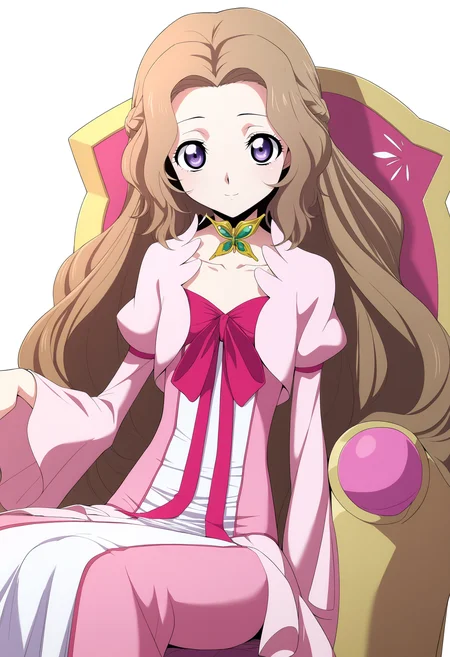 masterpiece, best quality, very aesthetic, absurdres,
1girl, nunnally, long hair, brown hair, purple eyes,
dress,
sitting, chair,
smile, solo, looking at viewer, simple background, white background, <lora:NunnallyViBritanniaNoobXL_byKonan:1>