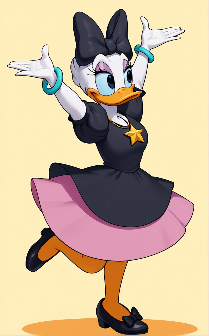 score_9, score_8_up, score_7_up, absurdres, w arms, :d, leg up, open hands, palms, smile, spread fingers, standing, standing on one leg, yellow background, <lora:PONYXL_DaisyDuck_ownwaifu:1>, BREAK BlackDress_DaisyDuck_ownwaifu, 1girl, beak, bird girl, breasts, duck, duck girl, eyelashes, eyeshadow, furry female, hair bow, jewelry, puffy short sleeves, puffy sleeves, white fur, black dress, feathers, makeup, necklace, star (symbol), bird, black bow, blue eyes, bracelet, hair ornament, purple eyeshadow, 1other, colored skin, juliet sleeves, pink skirt, short dress, short hair, star necklace, <lora:add-detail-xl:0.15>,