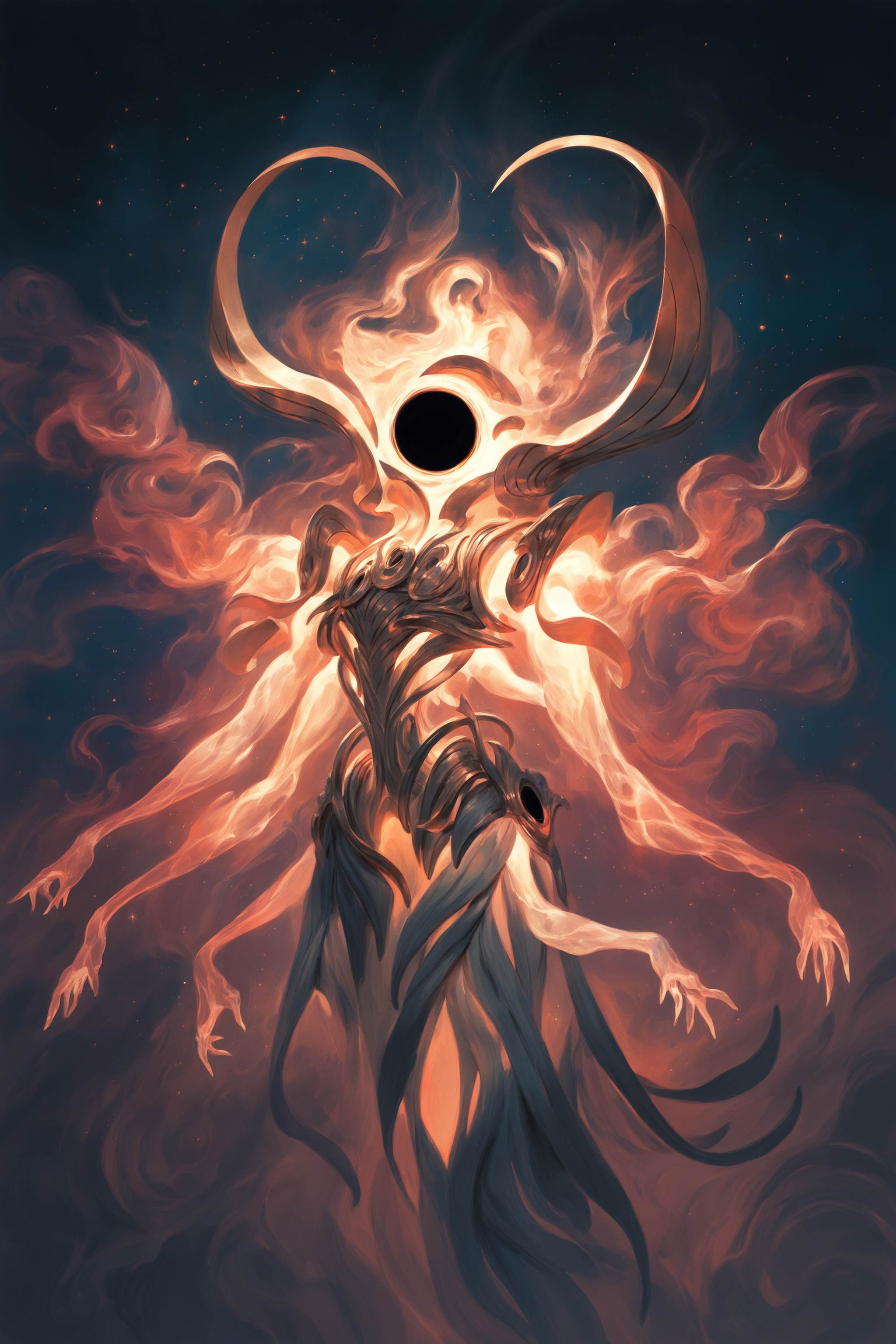 mohrbacher style, divine female creature space nebula and covered in stars, faceless, black hole head, glowing translucent arms, extra arms, shoulder pads, altshaped, fake horns, streamlined design