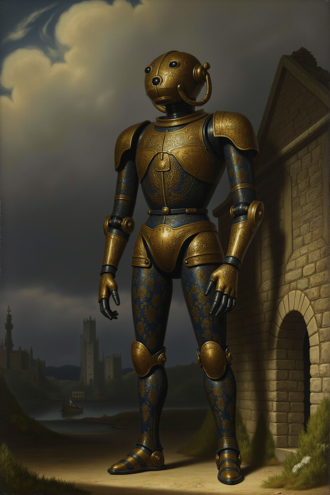 yfg-p@int, Painting of a giant bipedal robot sapphire blue and bronze paisley robot with a lacy robot diver helmet head, standing outside a steampunk keep, in the style of an old Dutch master like Rembrandt or Vermeer, captured with a heavy brush to create deep, rich textures and dramatic depth effects. The composition should focus on the majestic size and intricate details of the robot's torso, while incorporating elements of the dark foggy night background, such as stormy clouds, dark swamp, moss, castle ruins, and wizards tower in the distance. Set the color balance to warm tones to evoke a sense of mystery and danger, and use steampunk details like cogs, chains, and pipes incorporated in the fantasy buildings to add depth and emphasis to the subject. Incorporate reflections off the robot's armor plates to create a sense of movement and power, and use rim lighting to accentuate the robot's massive arms and heavy spring legs.
